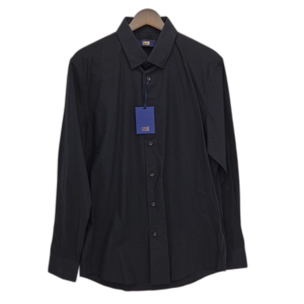 New Class Roberto Cavalli Dress Shirt Mens 43 / 17 Black Slim Fit Stretch
